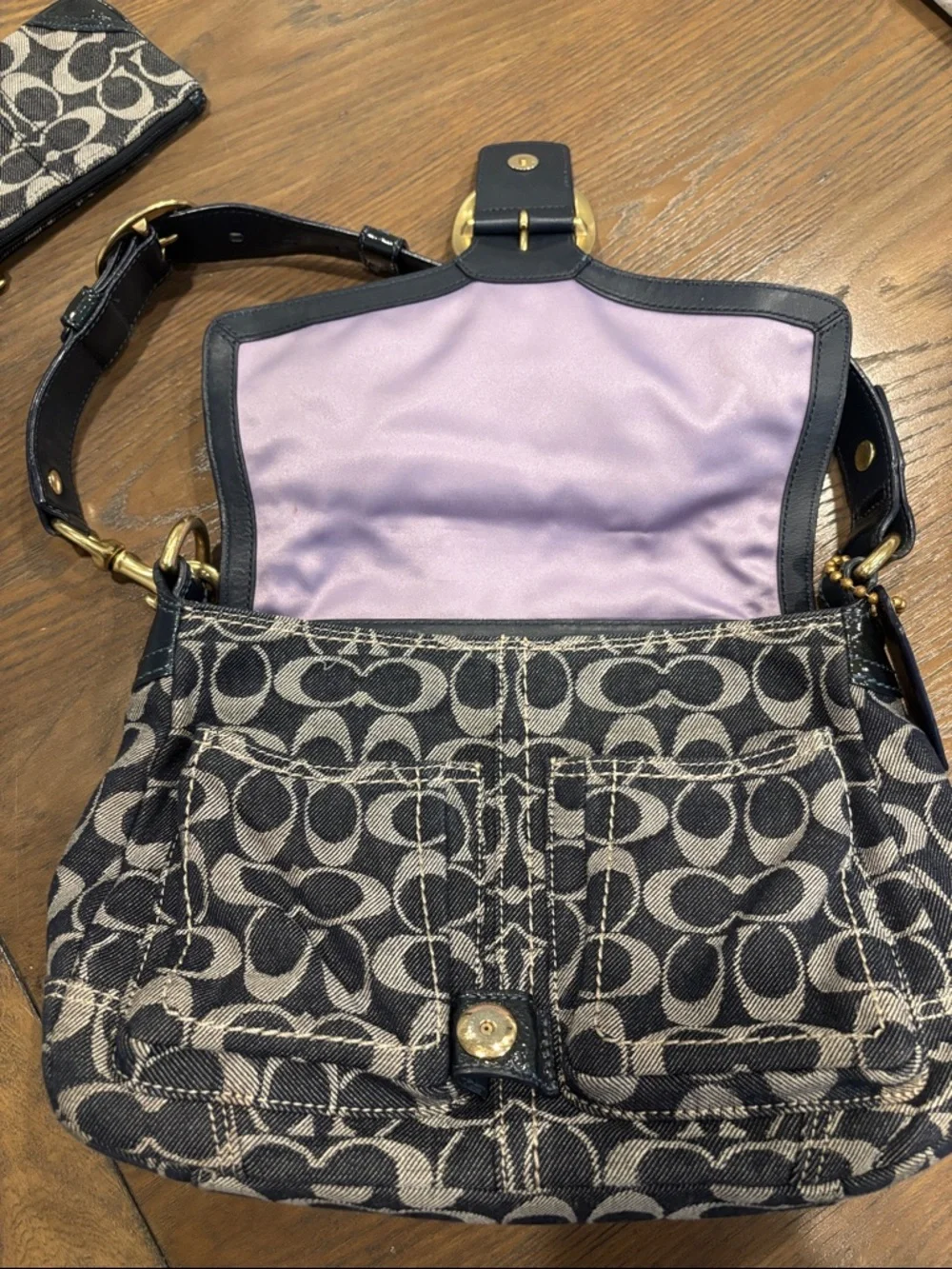 Coach Signature Blue Denim Canvas & Leather Shoulder Bag and Wristlet Wallet Y2K - Picture 7 of 11